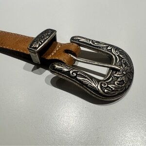 Leather Western-Style Belt with Floral Engraved Buckle - Tan